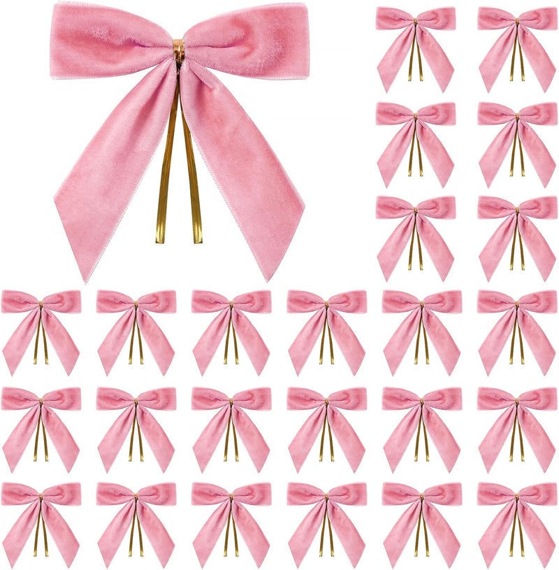 Utehilly 24 Pcs Pink Small Velvet Christmas Bows for Christmas Tree, Wreath, Gift Wrapping, Crafts, Wedding, Party, Twist Tie Bows for Treat Bag Bakery Candy Bags, Home Decor 1" W,3.5 x 3.5 inch - Image 1